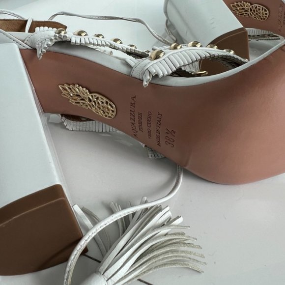 Aquazurra White Tulum Studded Fringe Lace -up Suede Sandals Size 38.5 NWOT - Picture 8 of 8